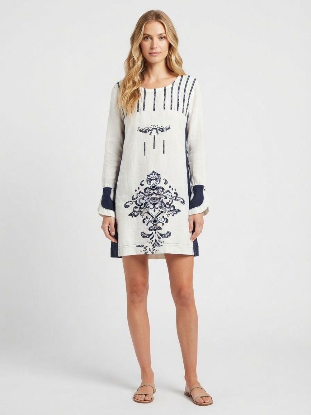 Greek Archaic Kori Linen Embroidered Dress Tunic Dress Blue White Kaftan Size S